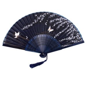 Fan - Dark Blue with Flowers